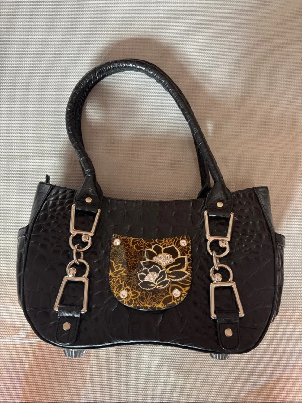 Debbie Brooks Black Croc-Embossed Women's Handbag with Gold Floral Accent
